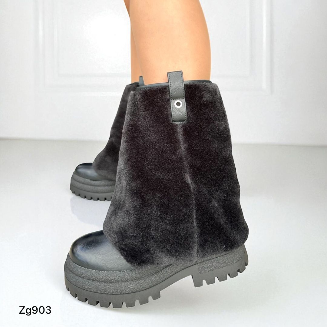 Botin negro doblez tela peluche suela 6cm 2P9A-AX3435-09 C-24